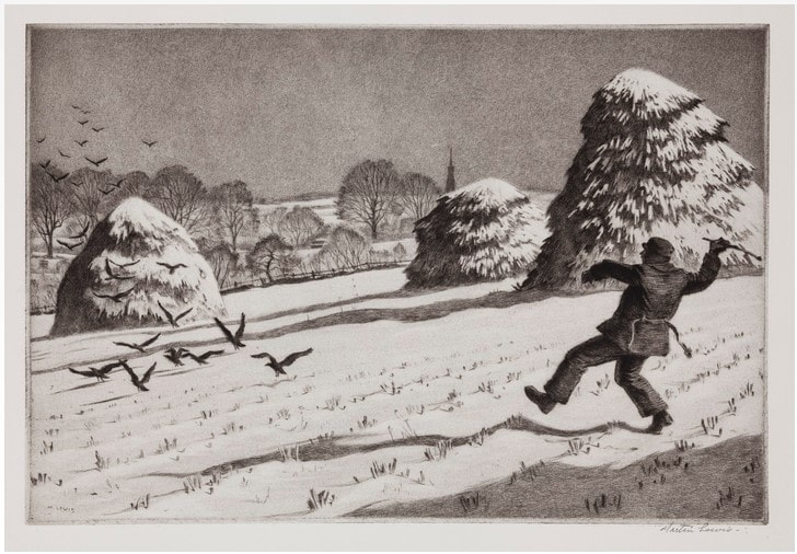 Picture of man scaring birds in snowy field