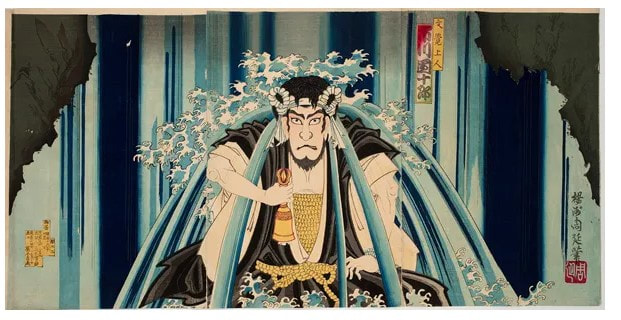 picture of a Japanese warrior under waterfall
