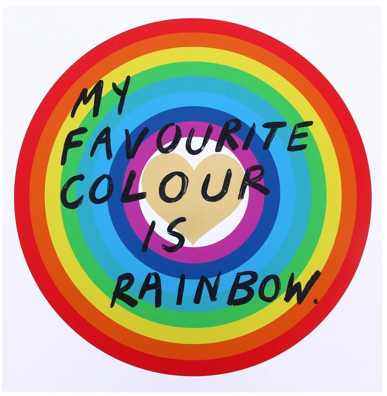 picture of a rainbow colored circle with heart and text