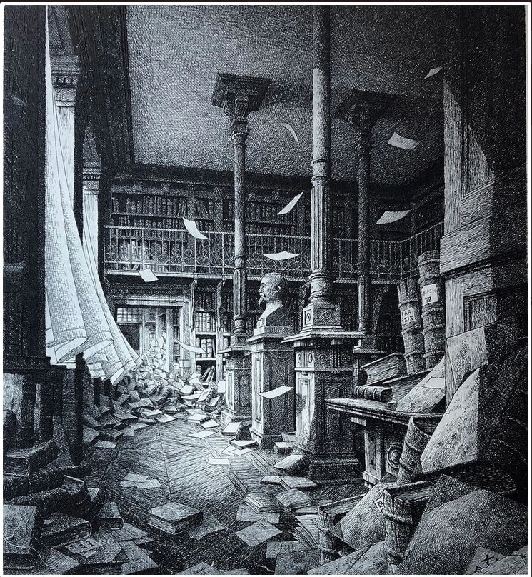 picture of a library in disaray