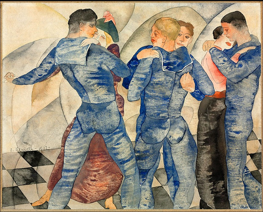 Picture of Charles Demuth's watercolor of gay soldiers dancing.