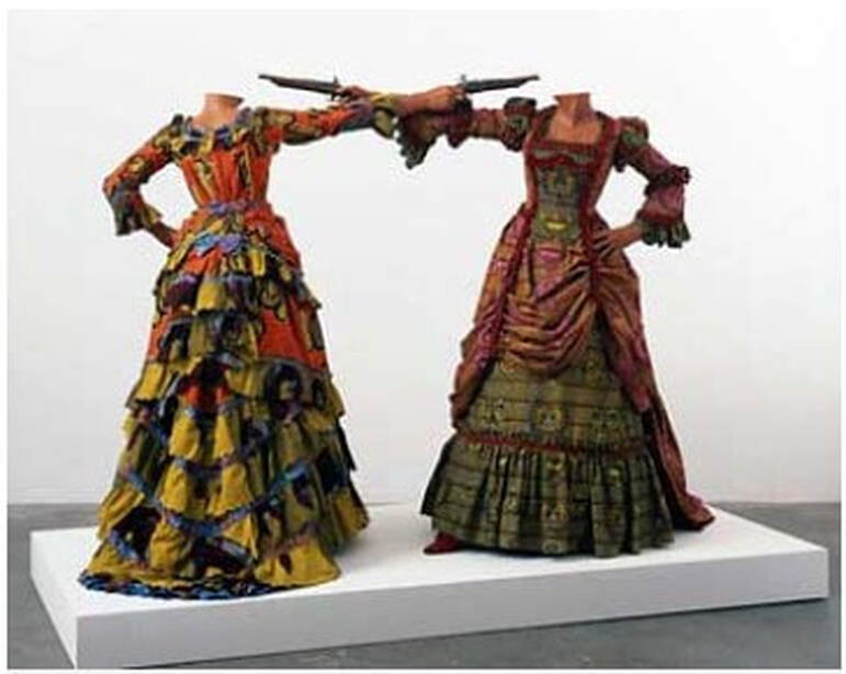 Picture artwork with two mannequins in period costumes in a duel