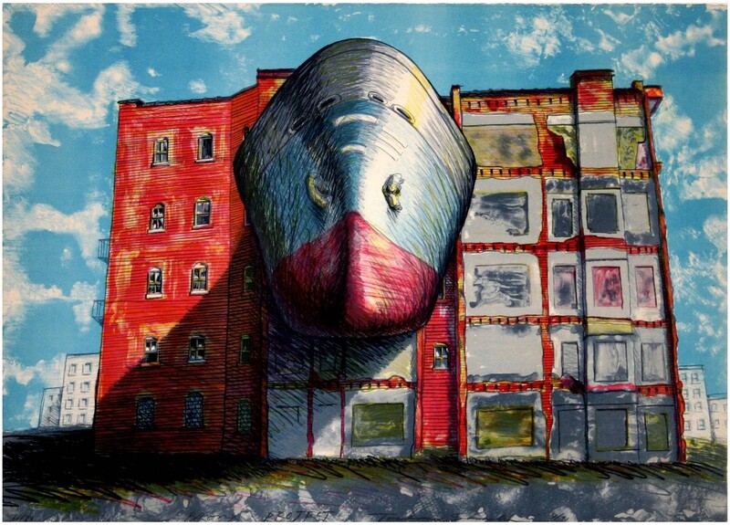 picture of a ship protruding from a building