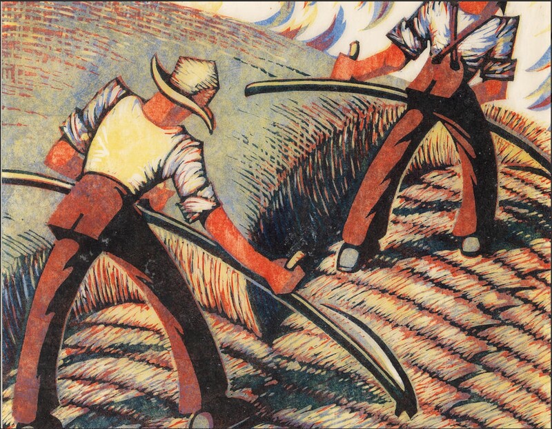 picture of two men cutting hay