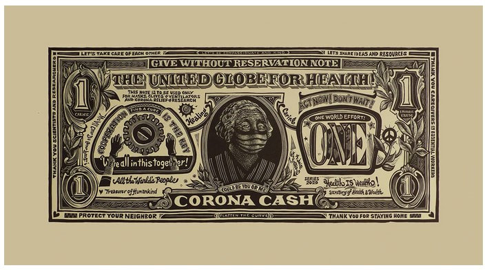 picture of dollar bill with Washington wearing pandemic mask
